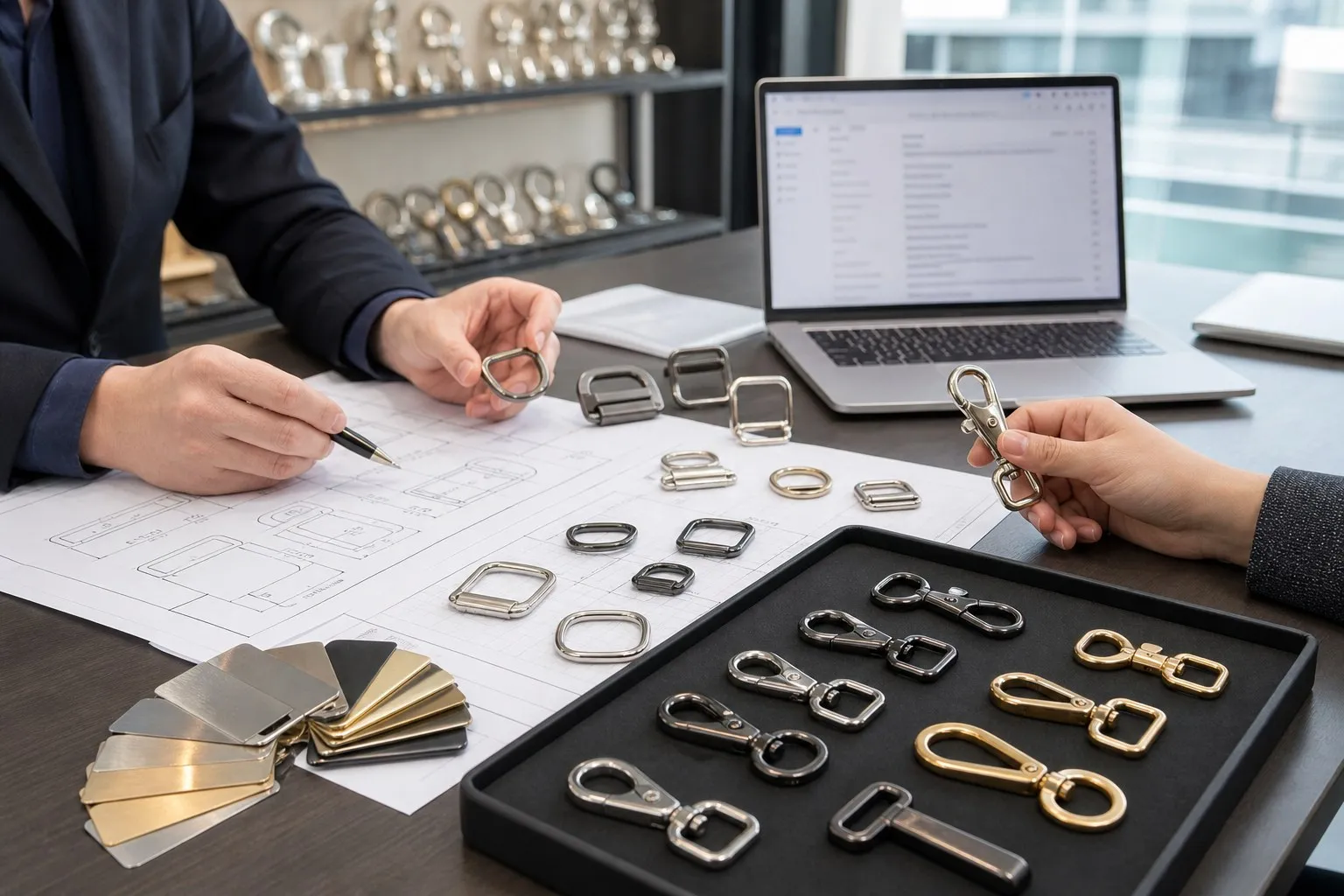 Bag hardware sourcing consultation with samples and drawings